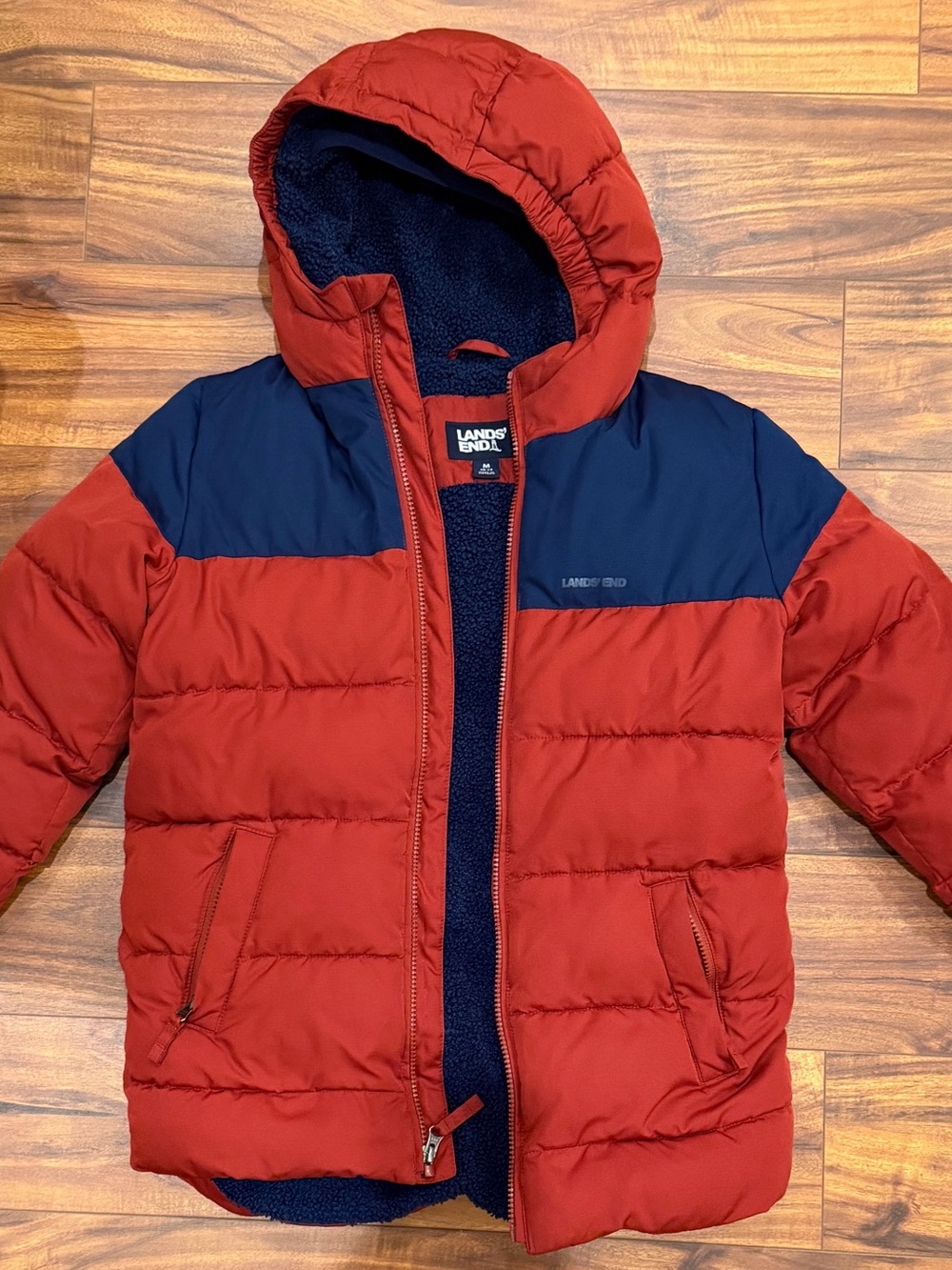 Lands End Thermo Plume Boys Fleece Lined Puffer Coat Red Blue Size Med 10/12